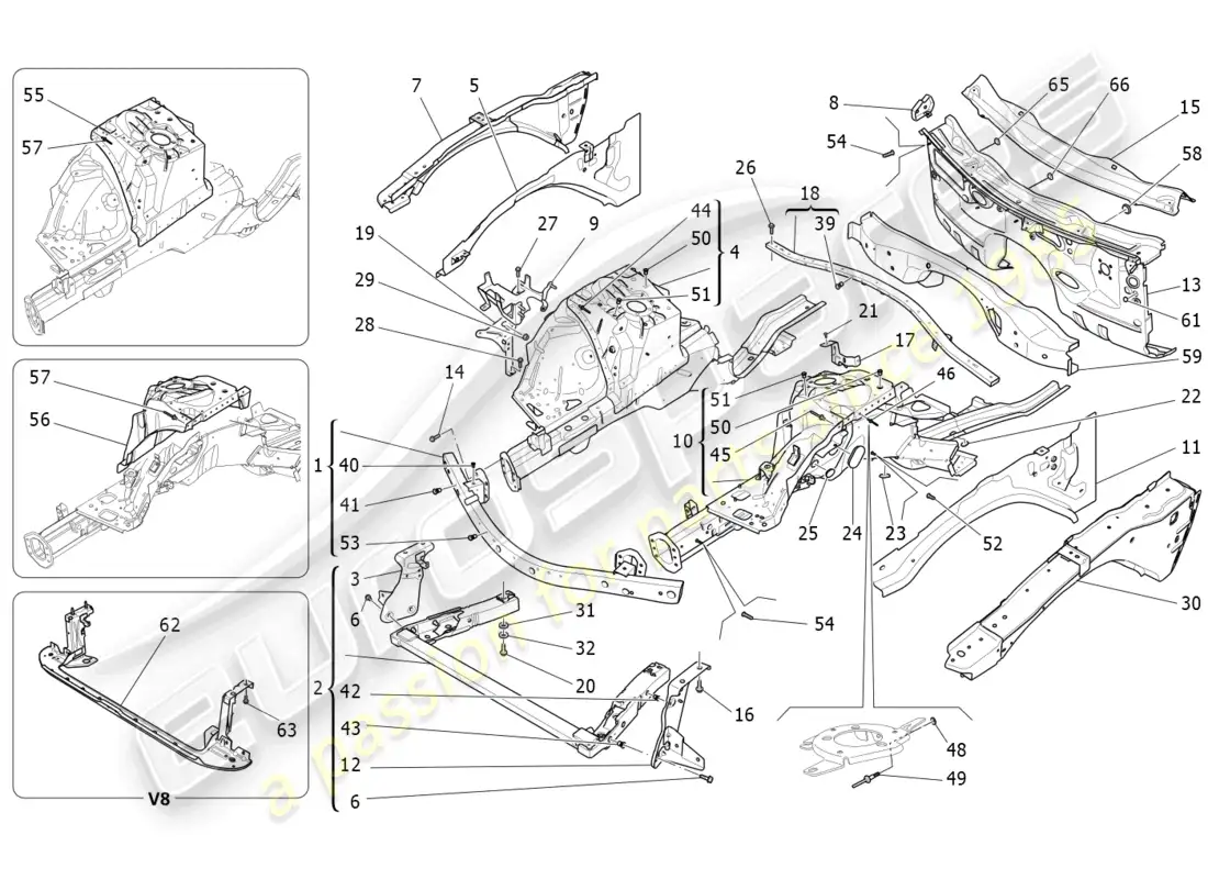 maserati ghibli (2014) front structural frames and sheet panels parts diagram