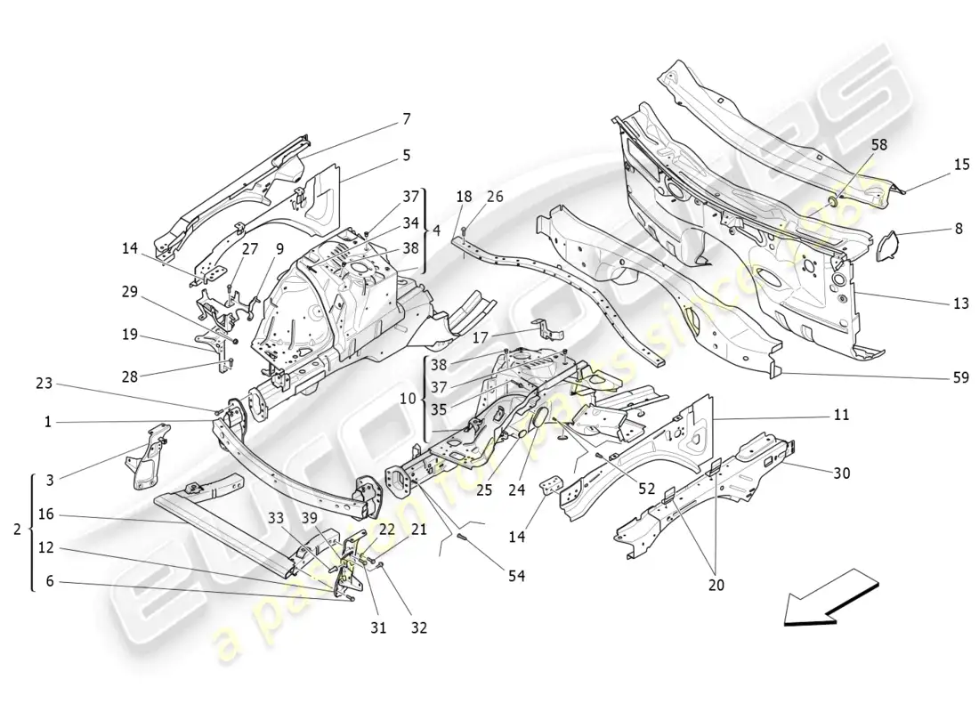 maserati levante trofeo (2020) front structural frames and sheet panels parts diagram