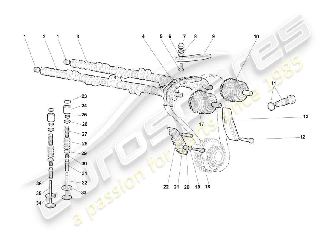 lamborghini murcielago coupe (2002) camshaft, valves left part diagram