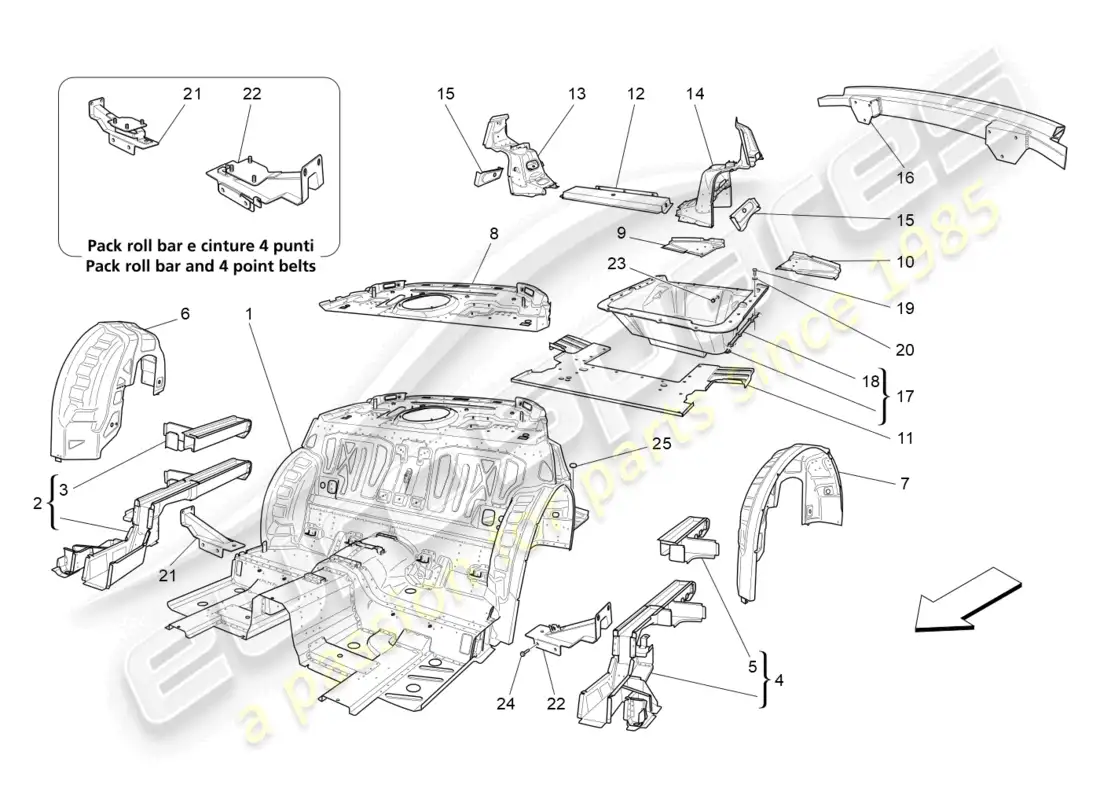 maserati granturismo mc stradale (2012) rear structural frames and sheet panels parts diagram