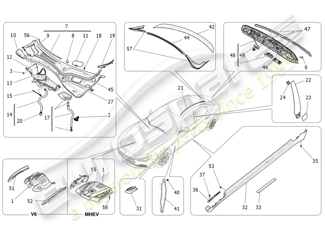 maserati ghibli (2014) shields, trims and covering panels parts diagram