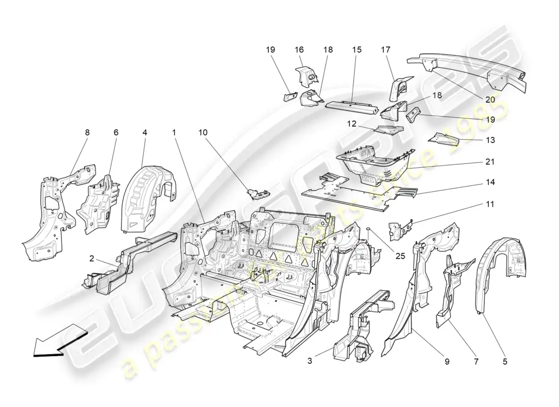 maserati grancabrio mc (2013) rear structural frames and sheet panels parts diagram