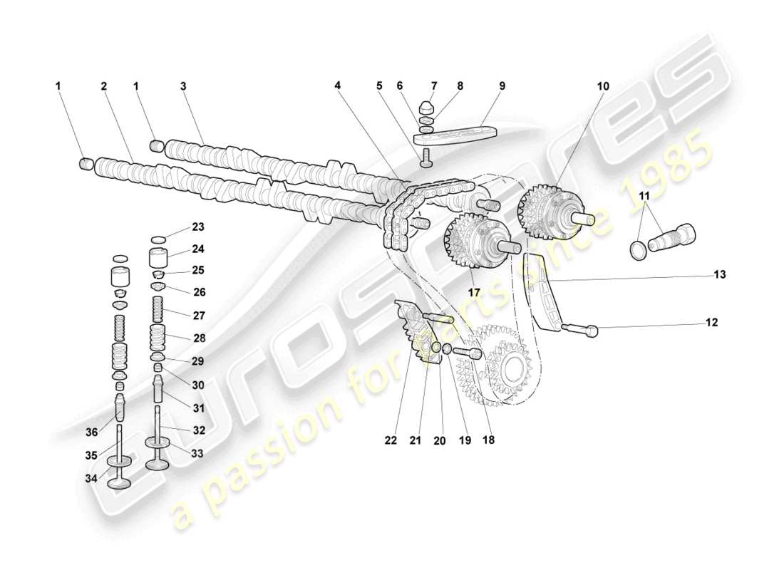 lamborghini murcielago coupe (2006) camshaft, valves left parts diagram
