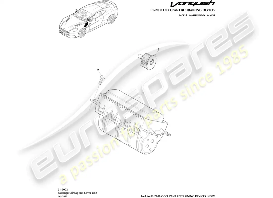 aston martin vanquish (2015) airbag, passenger parts diagram