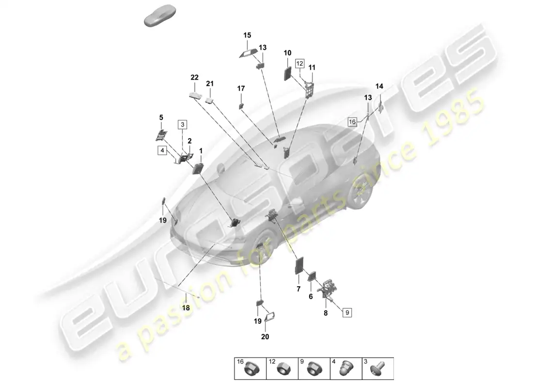 porsche 2025 (taycan 9j1-2) control units control unit for driver assist systems control unit for thermomanagement control unit (bcm) for conv. system & ob power supply control unit for lane change assist control unit for opening garage door control unit for object detection glass r part diagram