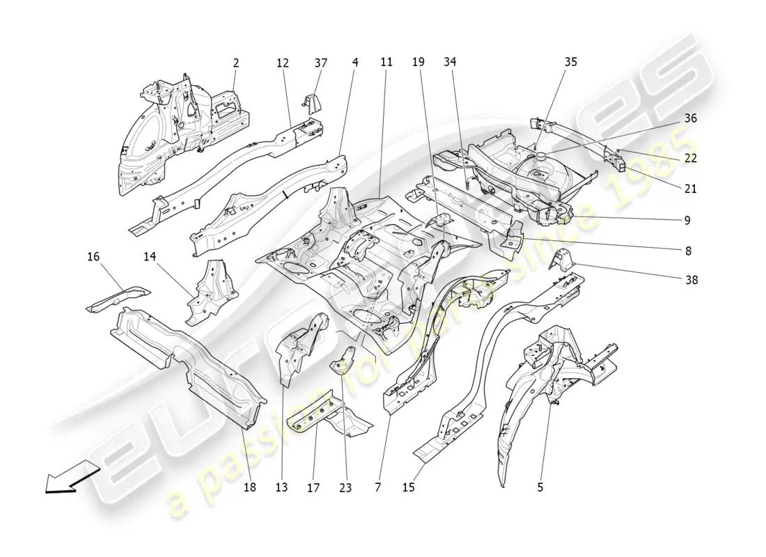 maserati levante gt (2022) rear structural frames and sheet panels parts diagram