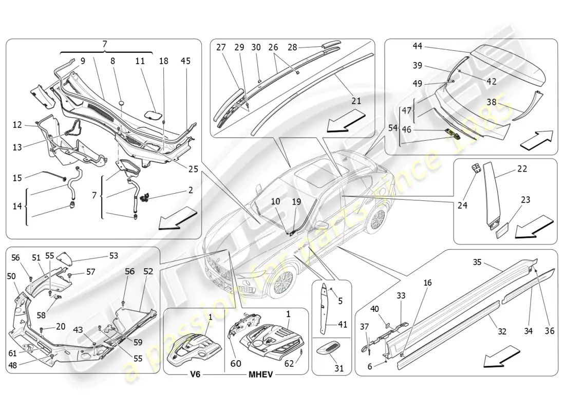 maserati levante gt (2022) shields, trims and covering panels parts diagram