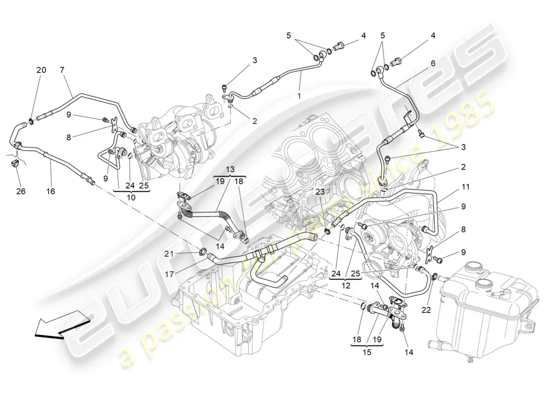 maserati ghibli (2015) turbocharging system: lubrication and cooling parts diagram