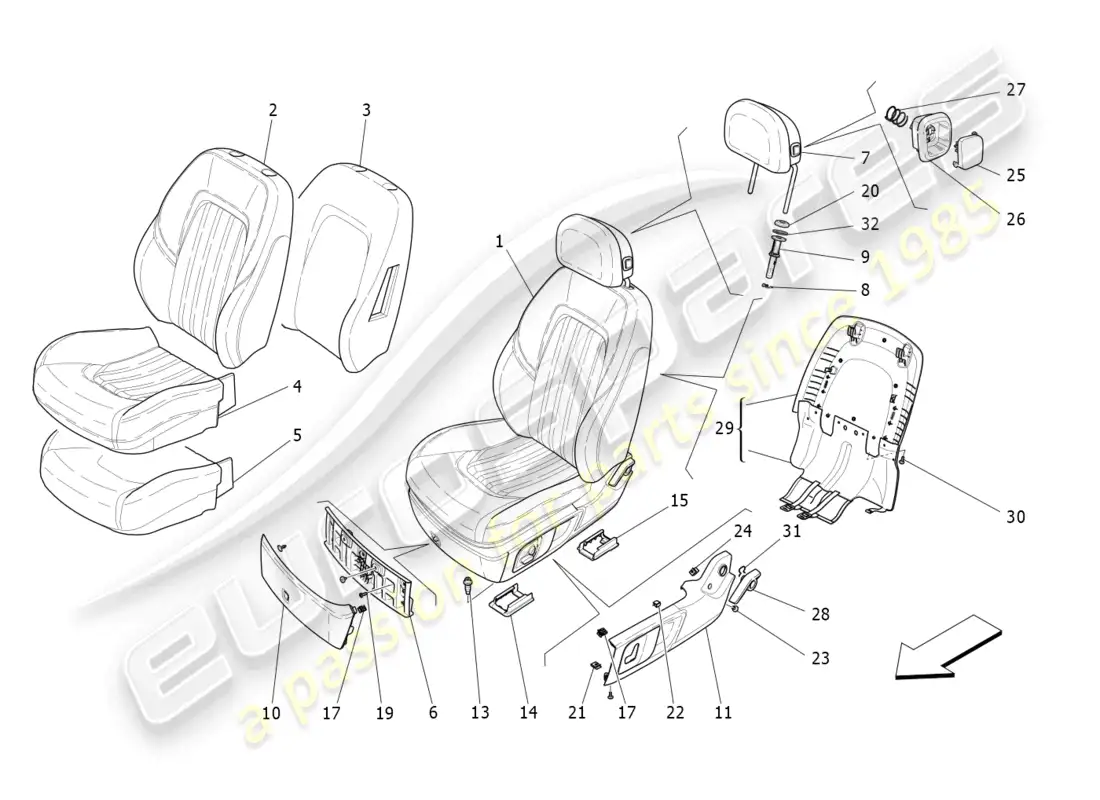maserati levante (2018) front seats: trim panels parts diagram