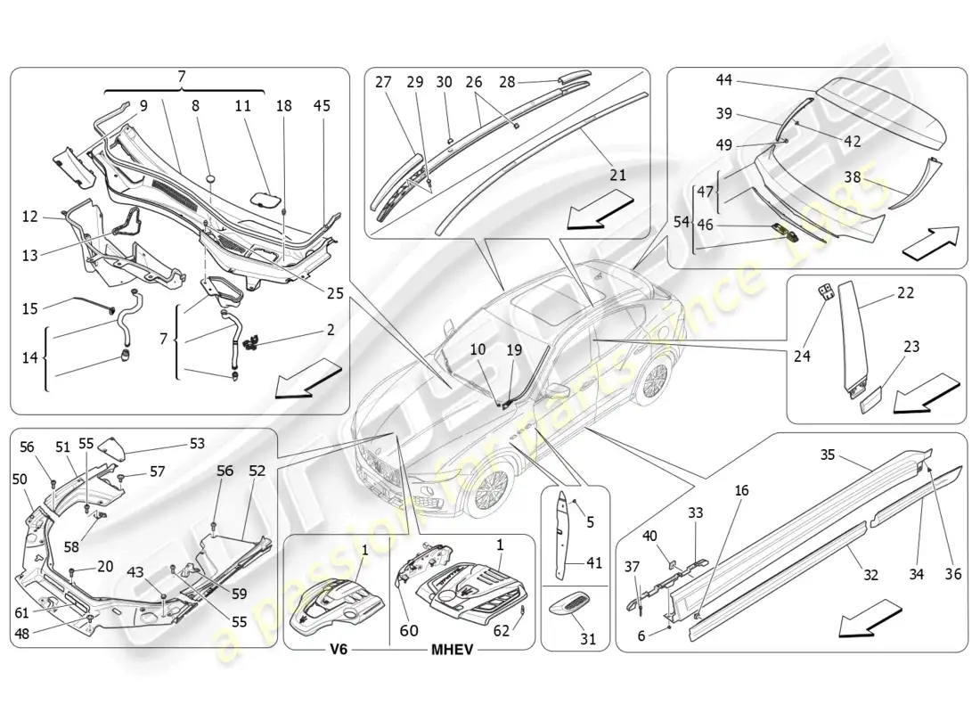 maserati levante (2020) shields, trims and covering panels parts diagram