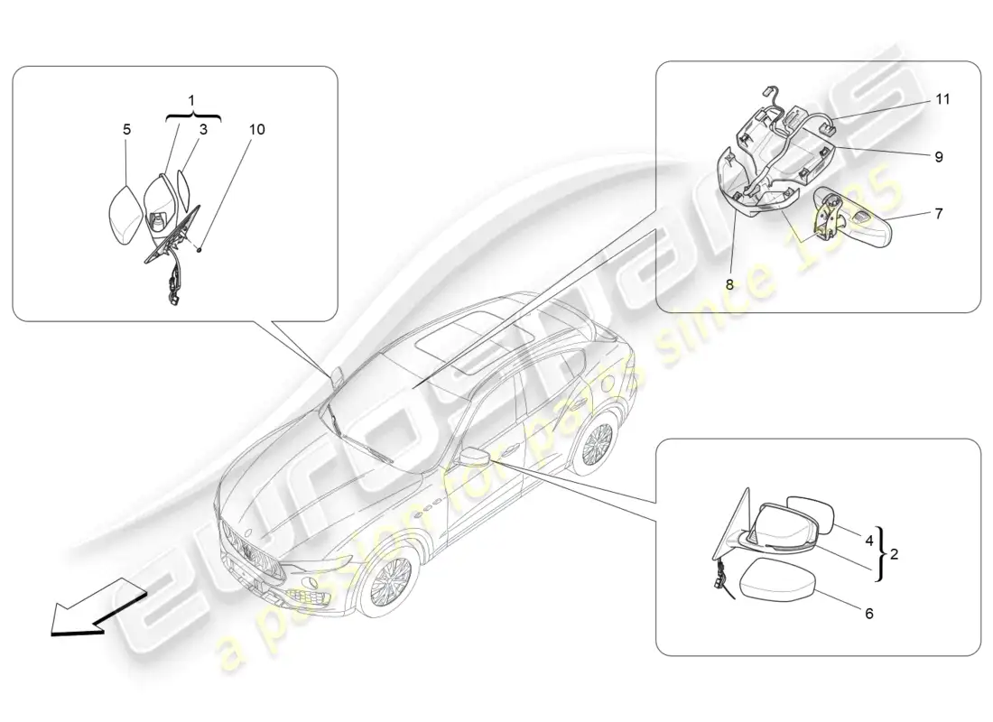 maserati levante (2018) internal and external rear-view mirrors parts diagram