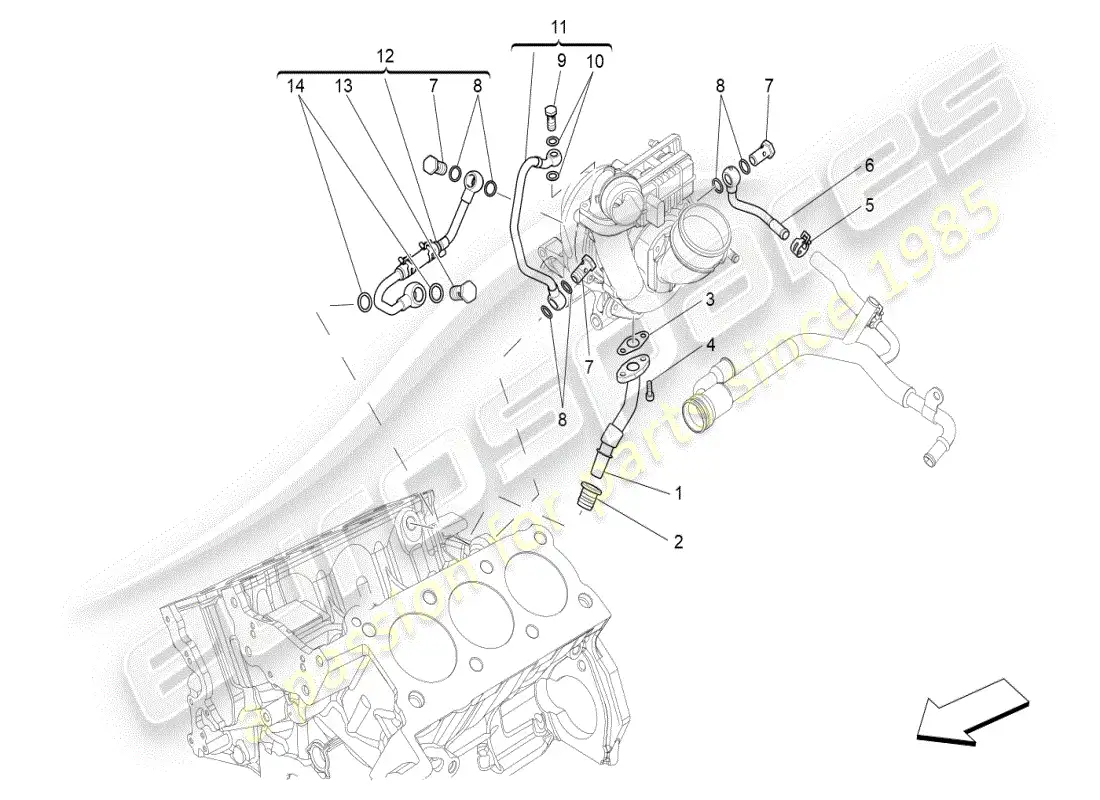 maserati ghibli (2021) turbocharging system: lubrication and cooling parts diagram