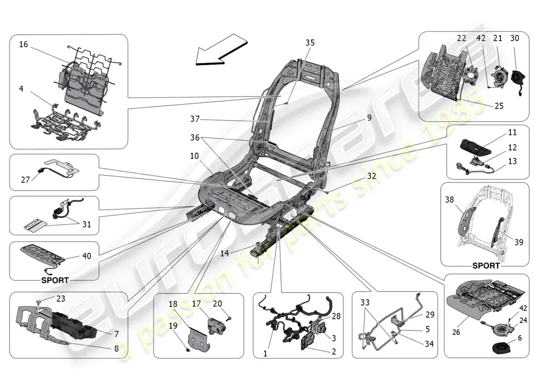 maserati grecale trofeo (2023) front seats: mechanics and electronics parts diagram