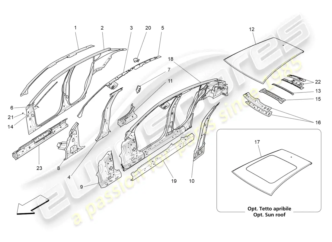 maserati levante gts (2020) bodywork and central outer trim panels parts diagram
