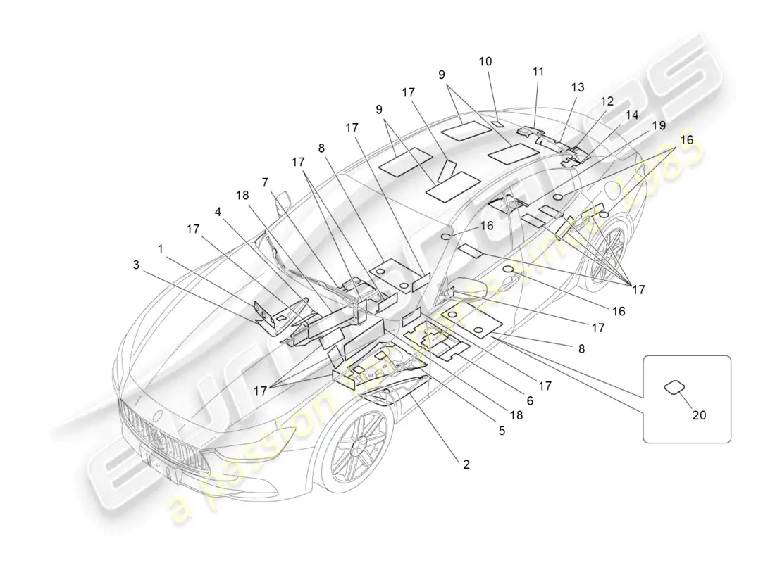 maserati ghibli (2014) sound-proofing panels inside the vehicle parts diagram