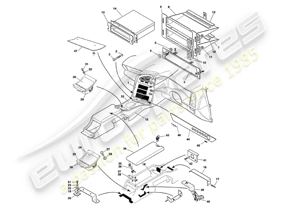 aston martin v8 volante (1999) centre console & trim parts diagram