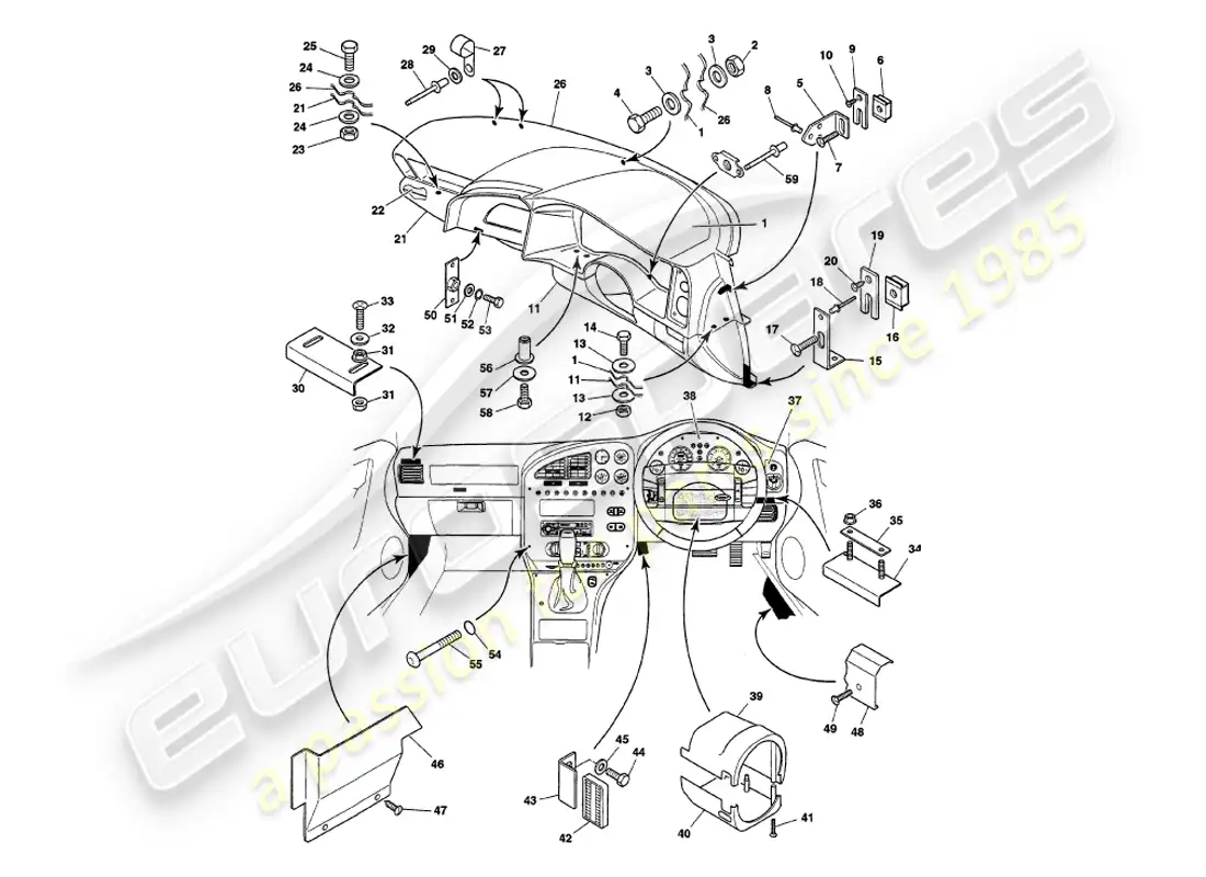 aston martin v8 volante (1999) fascia & trim parts diagram
