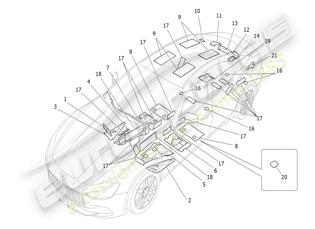 maserati ghibli (2019) sound-proofing panels inside the vehicle parts diagram