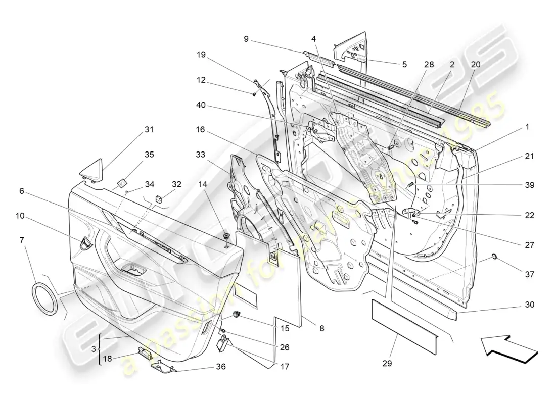 maserati levante modena (2022) front doors: trim panels parts diagram