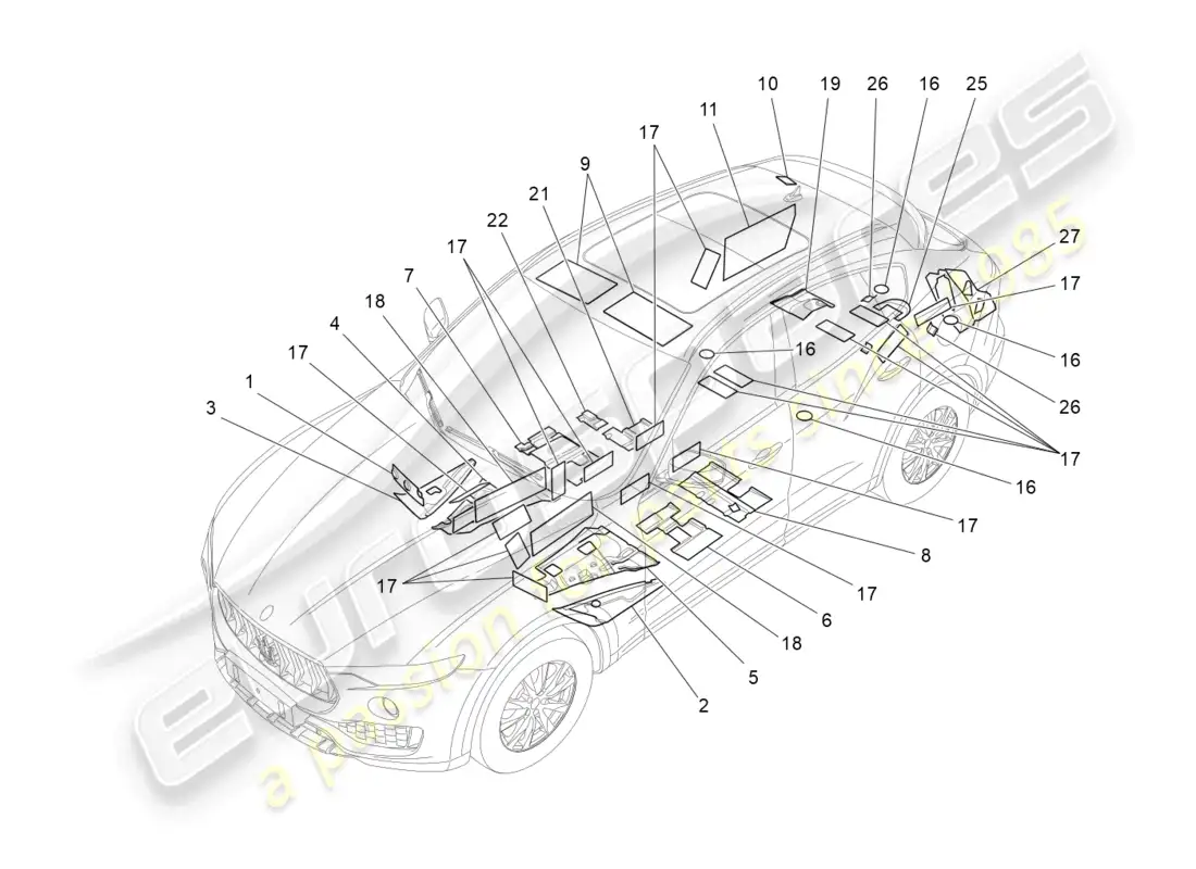 maserati levante gt (2022) sound-proofing panels inside the vehicle parts diagram