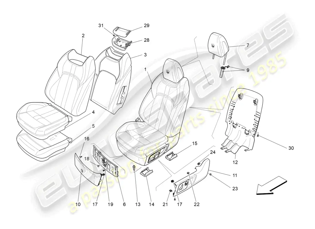 maserati levante trofeo (2020) front seats: trim panels parts diagram