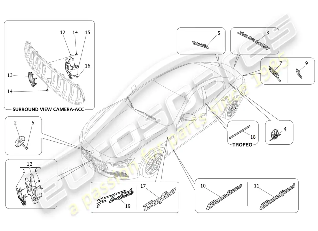 maserati ghibli (2018) trims, brands and symbols parts diagram