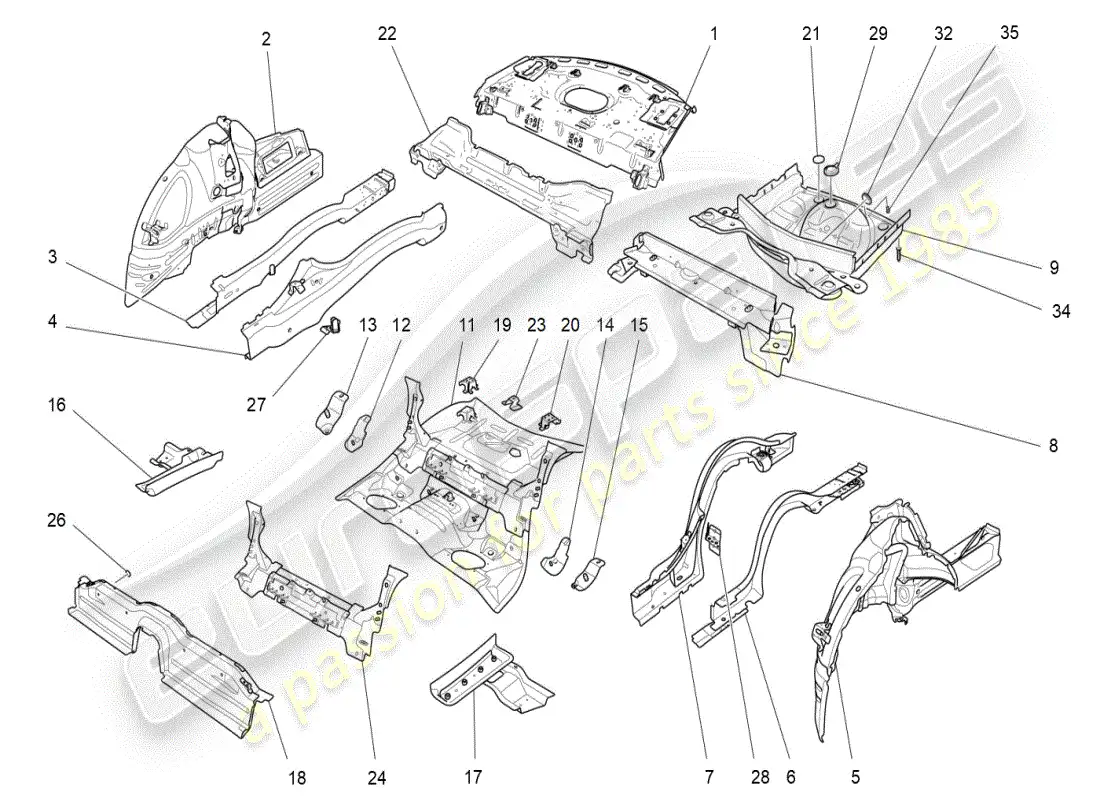 maserati ghibli (2019) rear structural frames and sheet panels parts diagram
