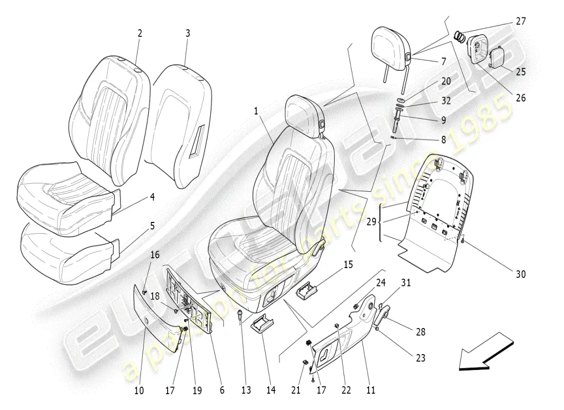 maserati ghibli (2019) front seats: trim panels parts diagram