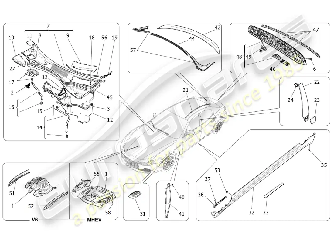 maserati ghibli (2014) shields, trims and covering panels parts diagram