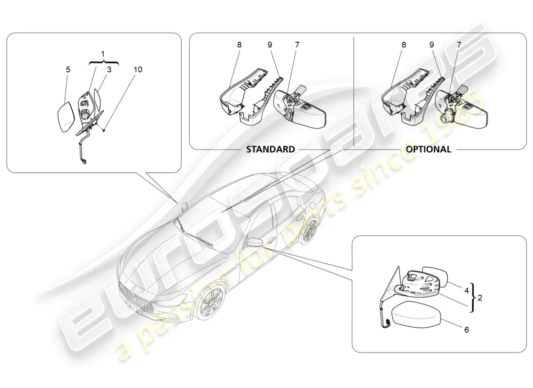 maserati ghibli (2016) internal and external rear-view mirrors parts diagram