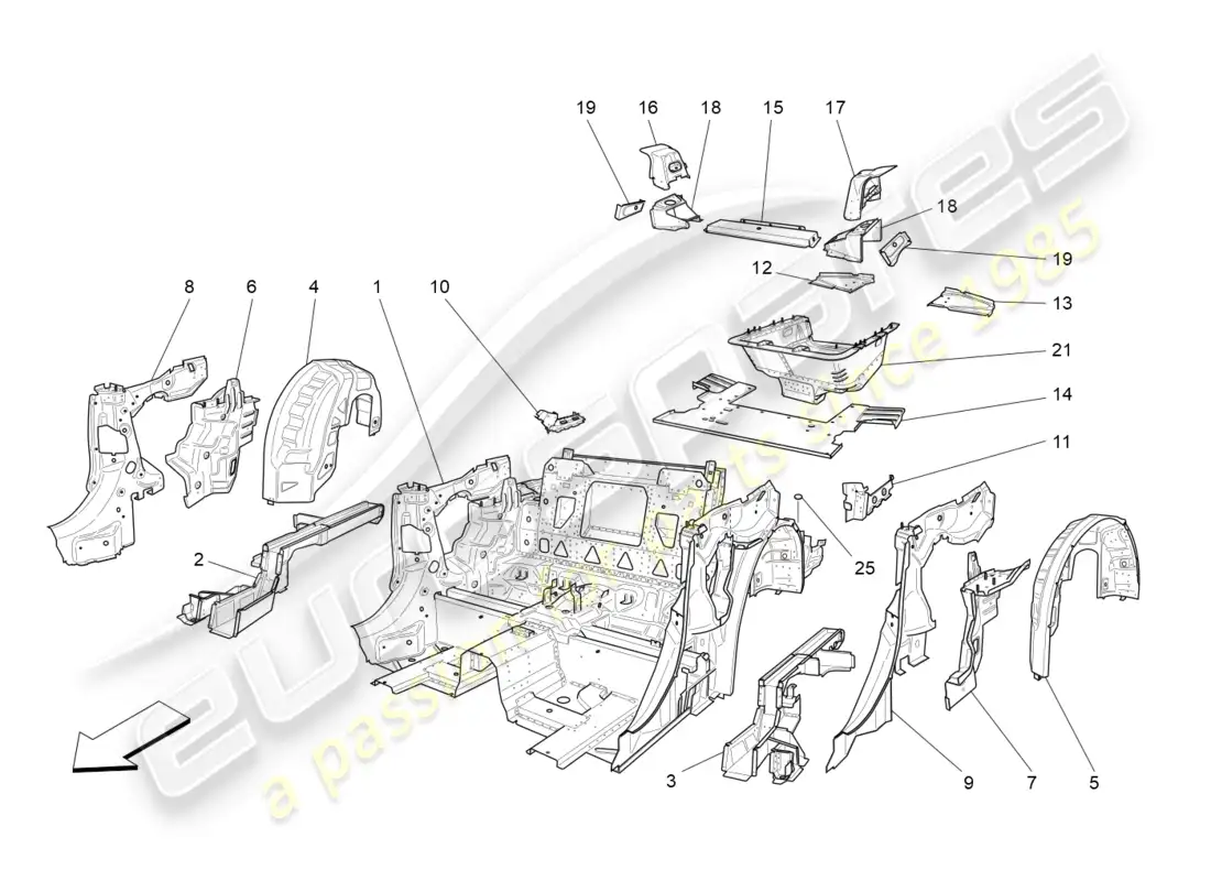 maserati grancabrio mc (2013) rear structural frames and sheet panels parts diagram
