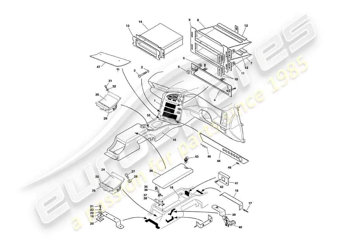 aston martin v8 volante (1997) centre console & trim parts diagram