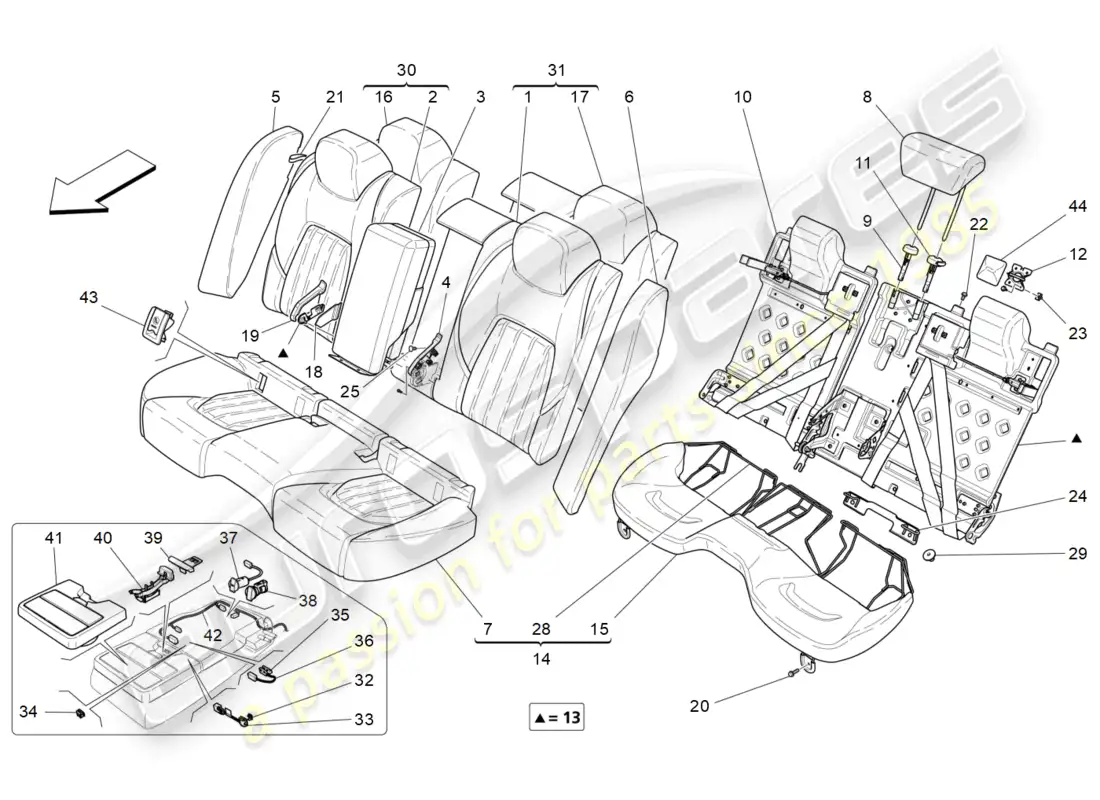 maserati ghibli (2016) rear seats: trim panels parts diagram