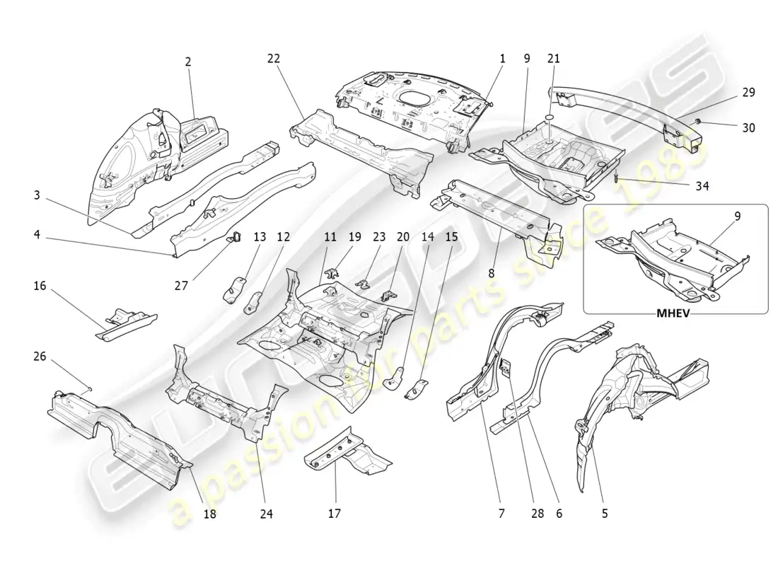maserati ghibli fragment (2022) rear structural frames and sheet panels part diagram