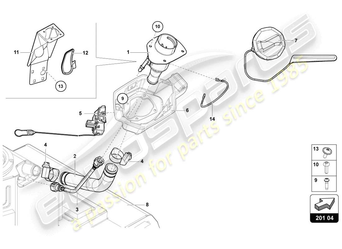 lamborghini 2014 (lp720-4 coupe 50) fuel filler neck with restriction for leadfree fuel only part diagram