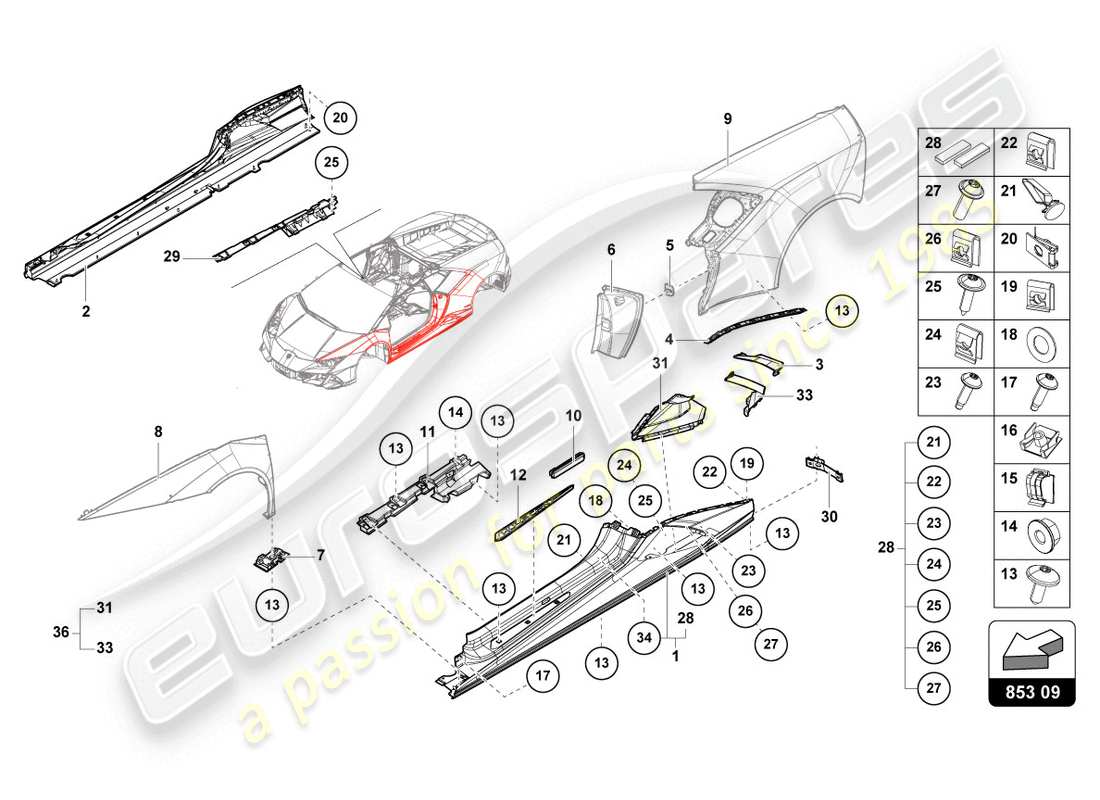 lamborghini evo spyder 2wd (2020) lower external side member for wheel housing part diagram