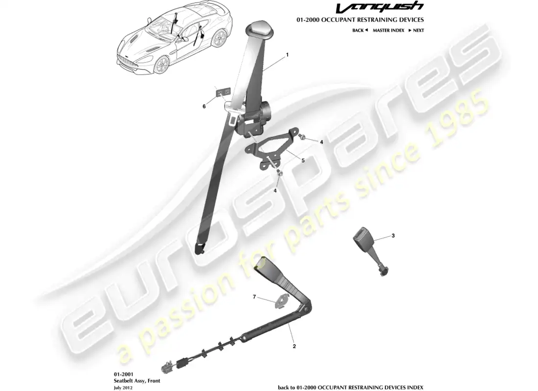 aston martin vanquish (2015) front seat belts parts diagram