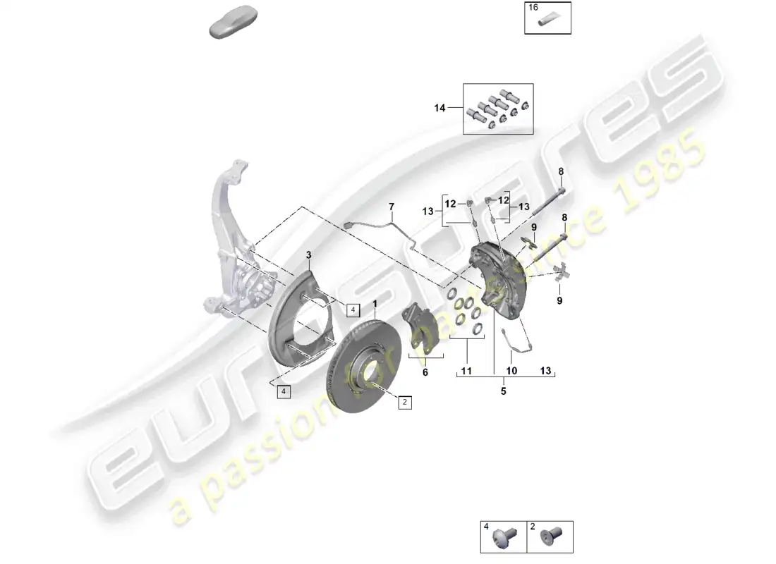 porsche 2021 (taycan 9j1-1) disc brake 19 front axle yellow/black parts diagram