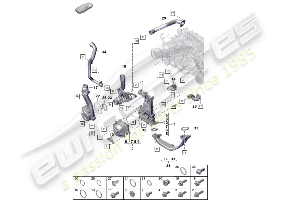 porsche 2023 (992-1 gt3/rs/st) coolant pump thermostat thermostat housing parts diagram