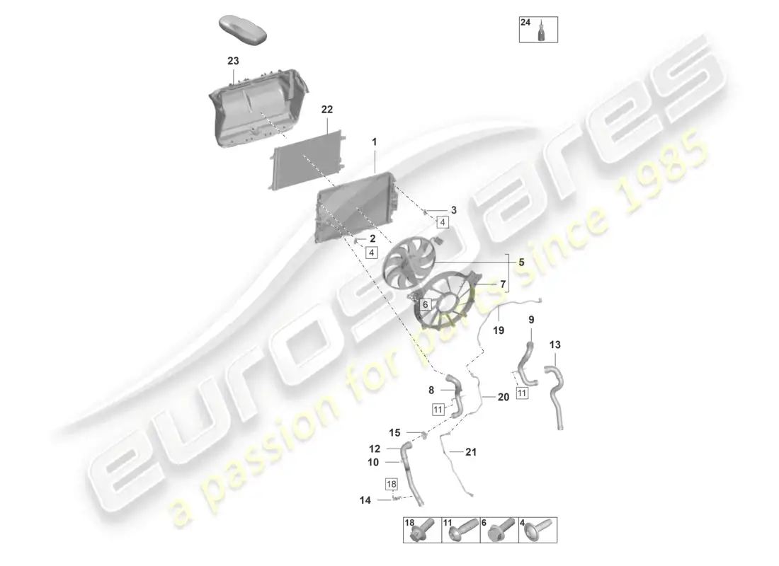 porsche 2022 (992-1 gt3/rs/st) cooler for coolant center radiator fan parts diagram