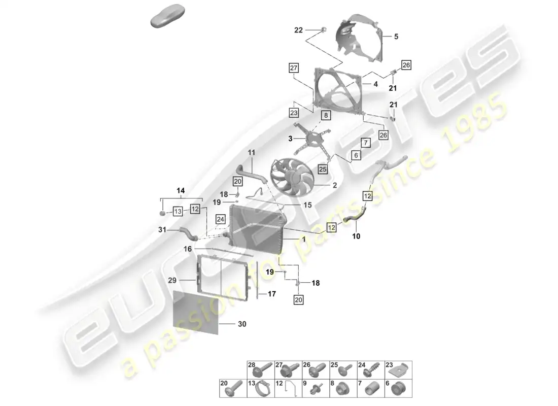 porsche 2022 (992-1 gt3/rs/st) cooler for coolant front radiator fan parts diagram