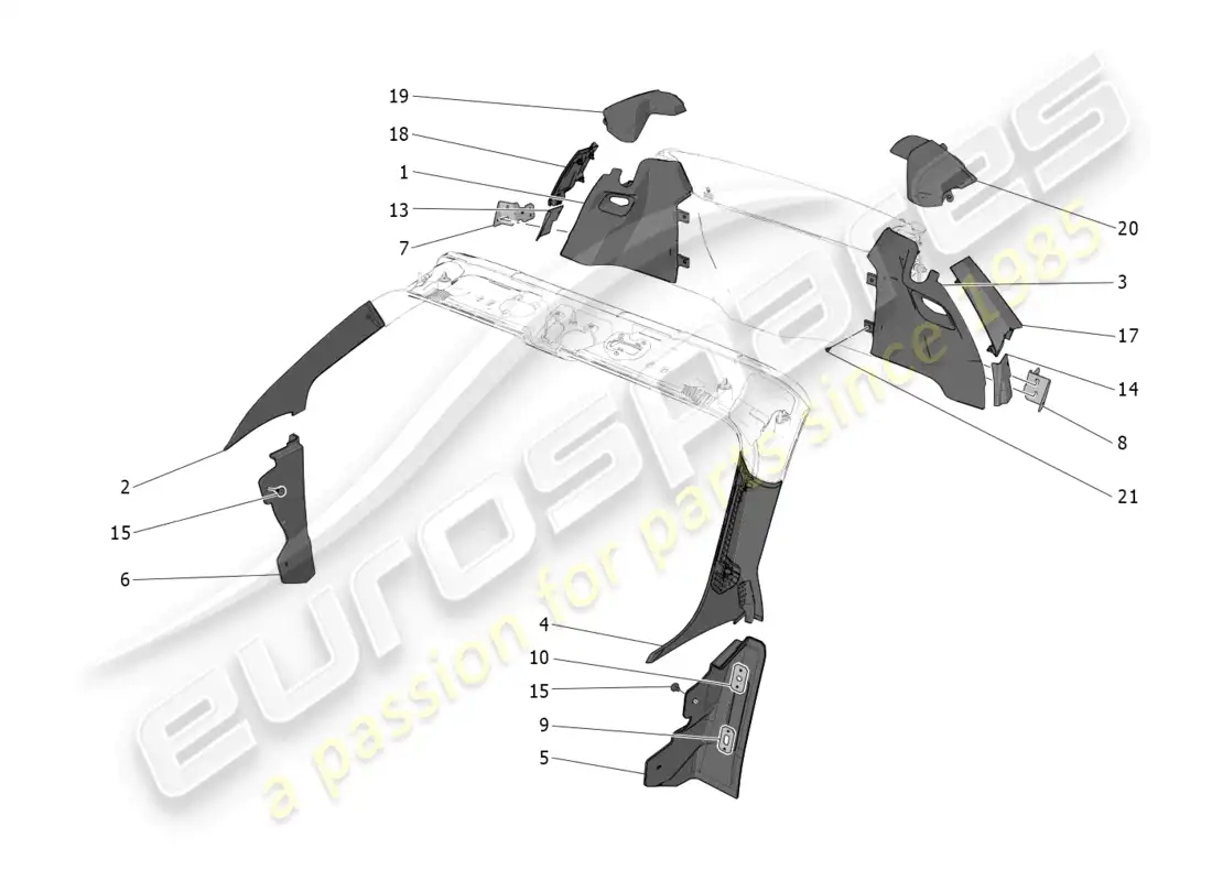 maserati mc20 cielo (2023) passenger compartment b pillar trim panels and side panels parts diagram