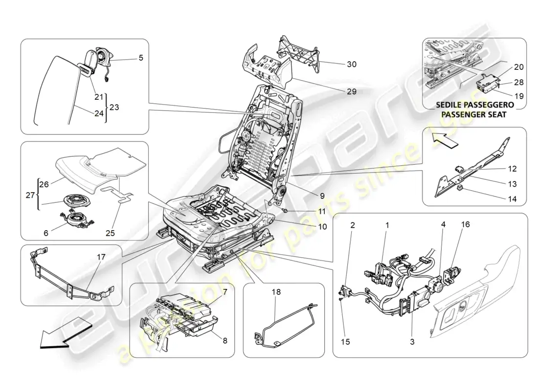 maserati levante trofeo (2020) front seats: mechanics and electronics parts diagram