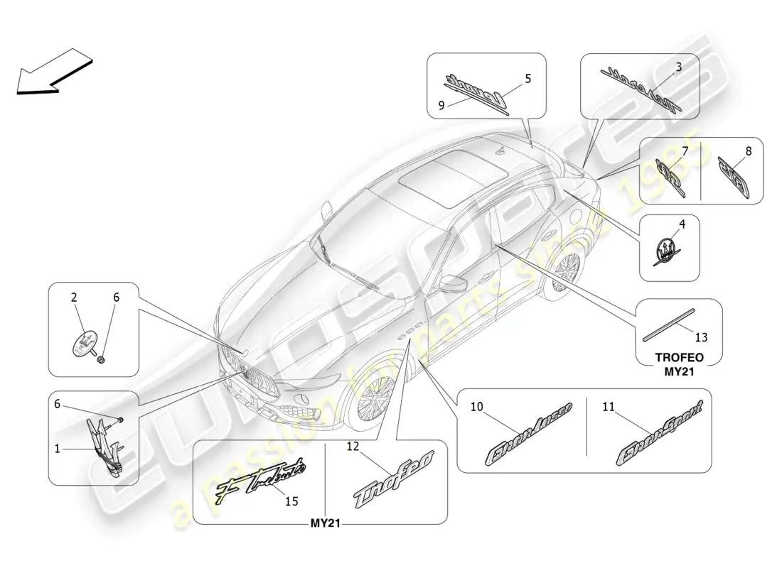 maserati levante (2020) trims, brands and symbols parts diagram