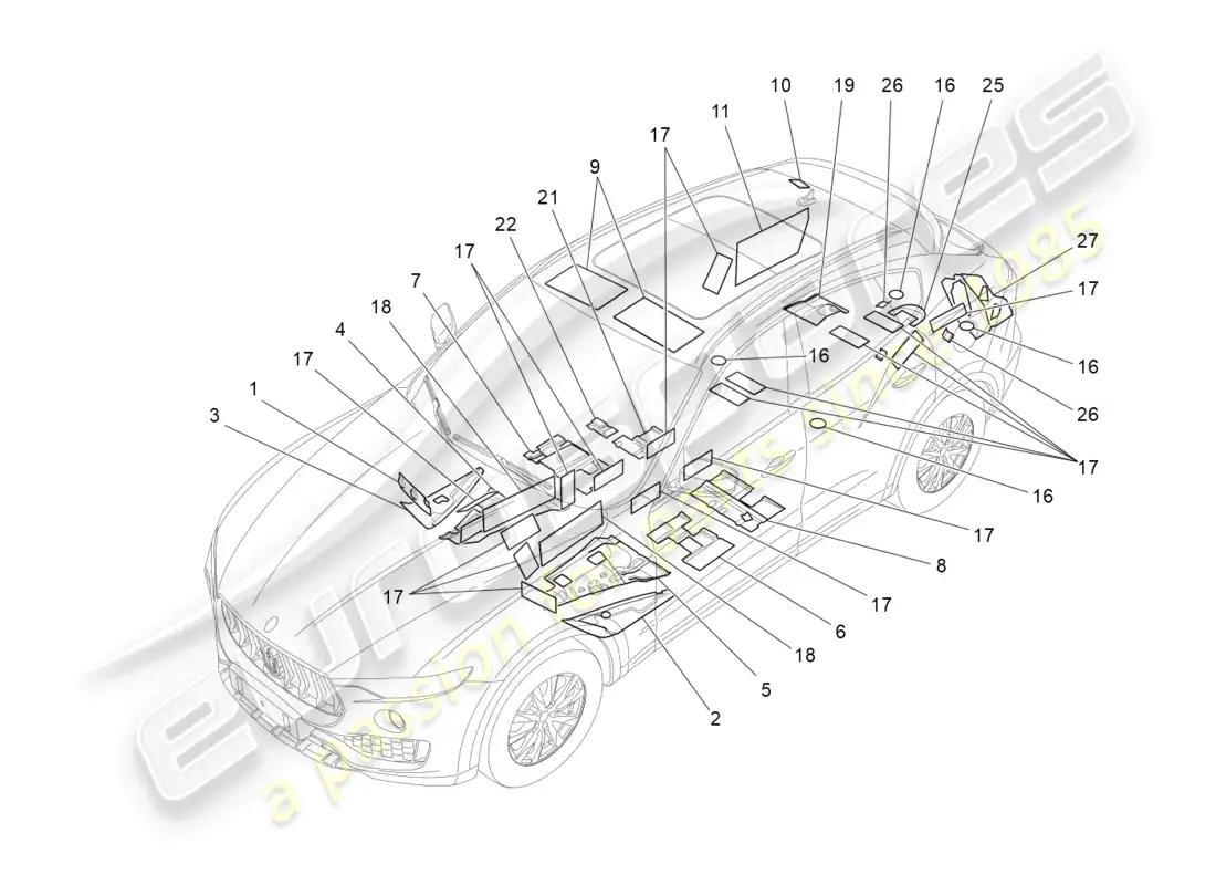 maserati levante modena (2022) sound-proofing panels inside the vehicle parts diagram