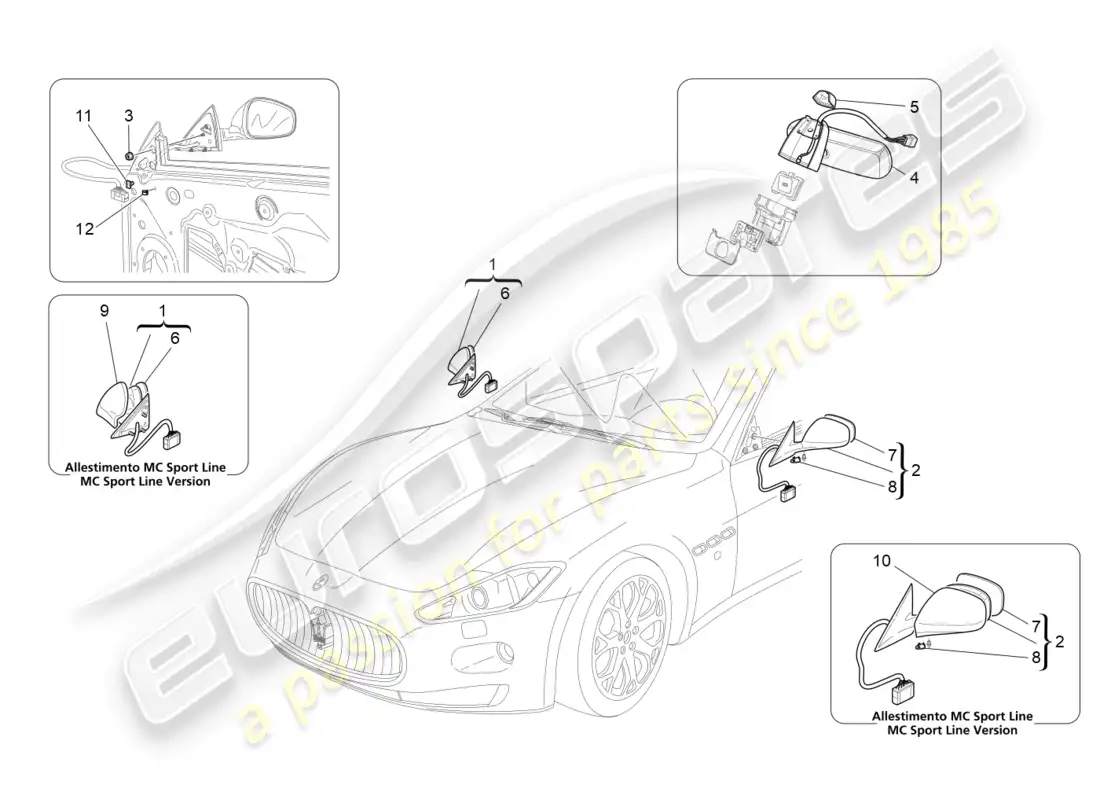 maserati grancabrio mc (2013) internal and external rear-view mirrors parts diagram