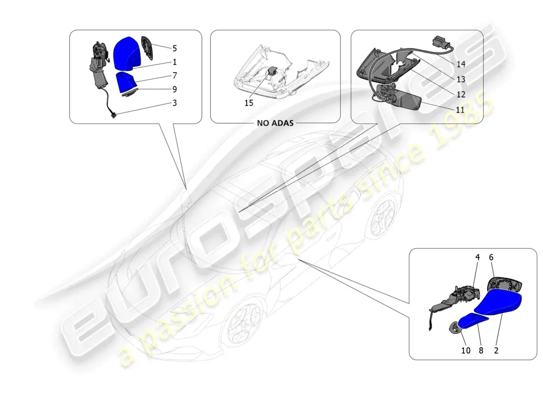 maserati mc20 cielo (2023) internal and external rear-view mirrors parts diagram