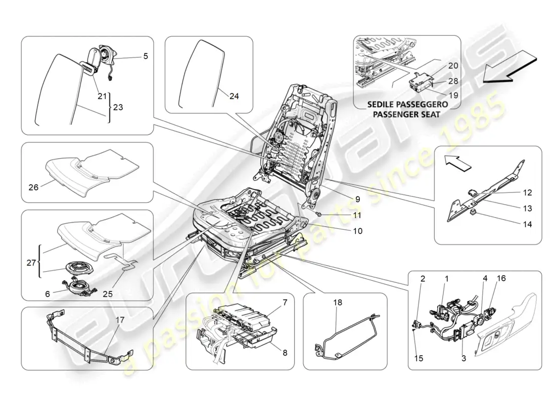 maserati levante (2018) front seats: mechanics and electronics parts diagram