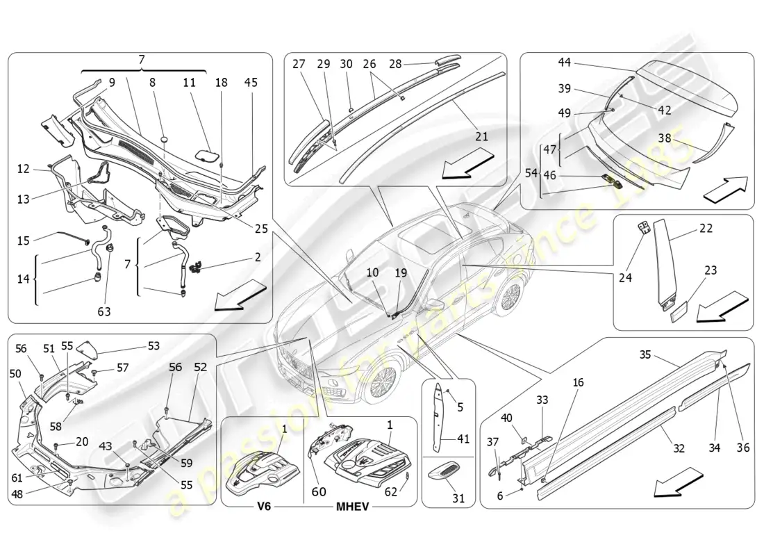maserati levante zenga (2020) shields, trims and covering panels parts diagram
