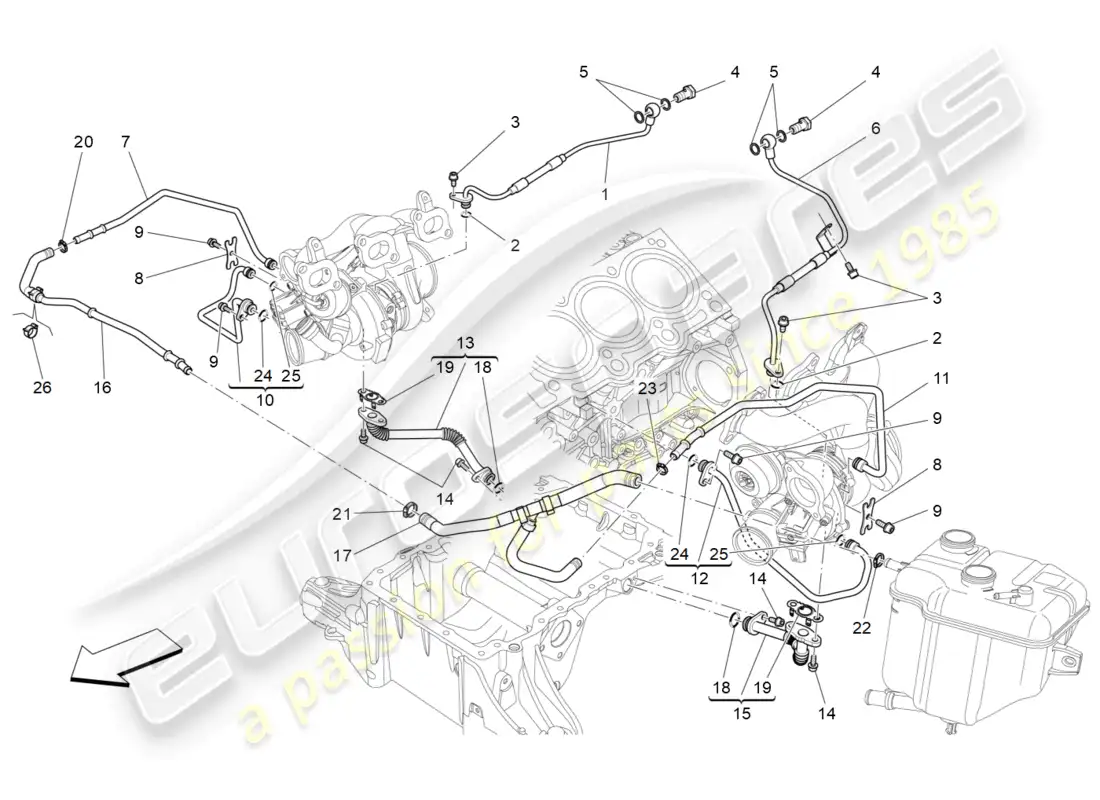 maserati levante (2017) turbocharging system: lubrication and cooling parts diagram